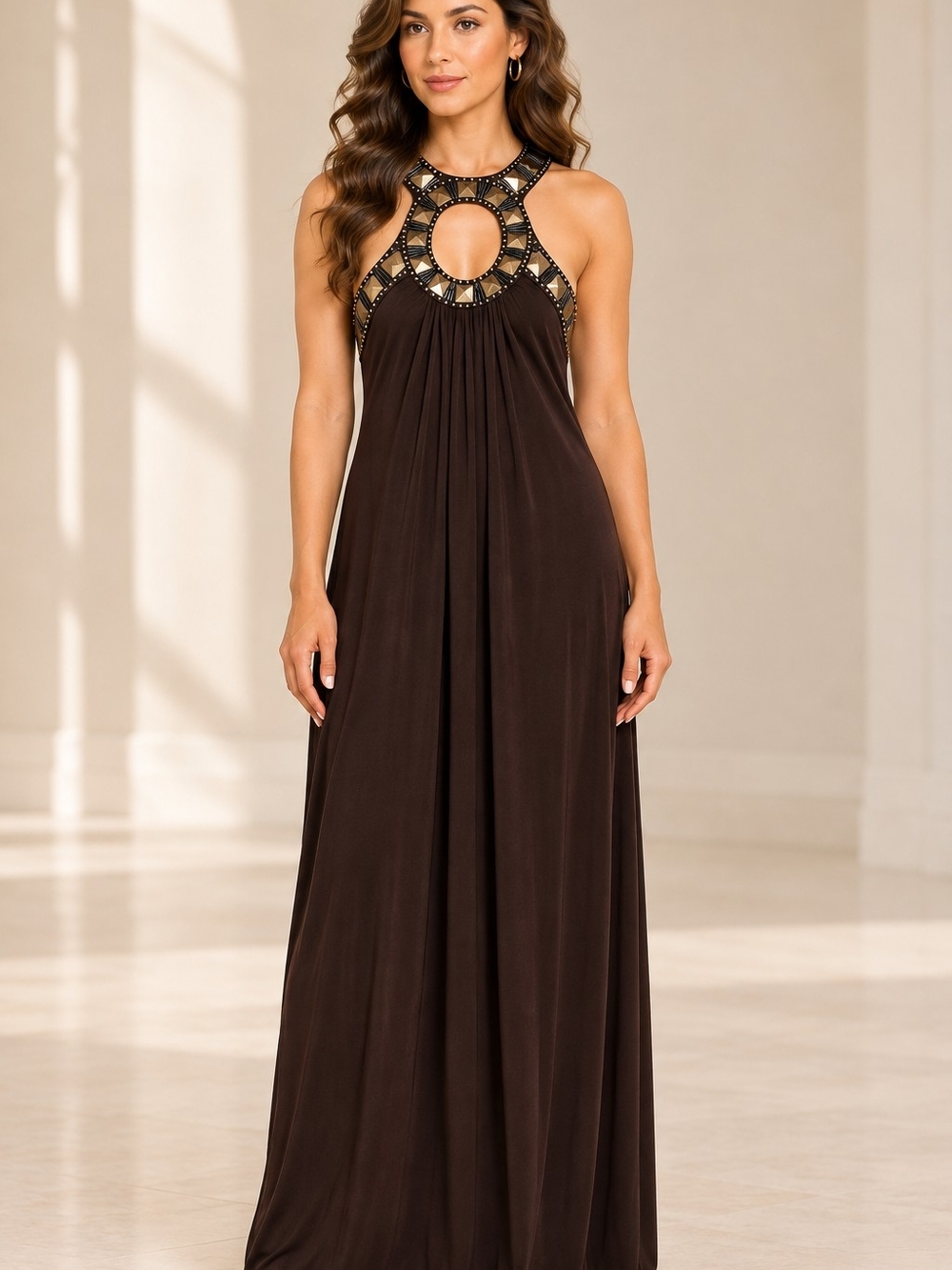NWT Ashley Stewart Embellished Keyhole Maxi Dress Brown Gold Size 12